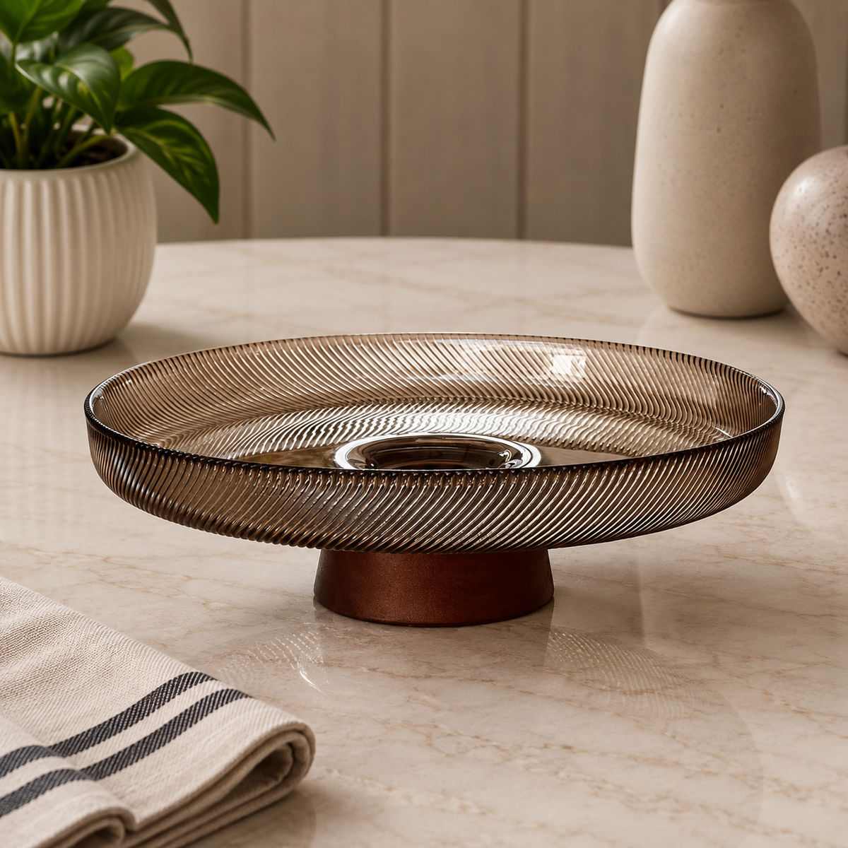 Ribbed Serving Platter with Wooden Base