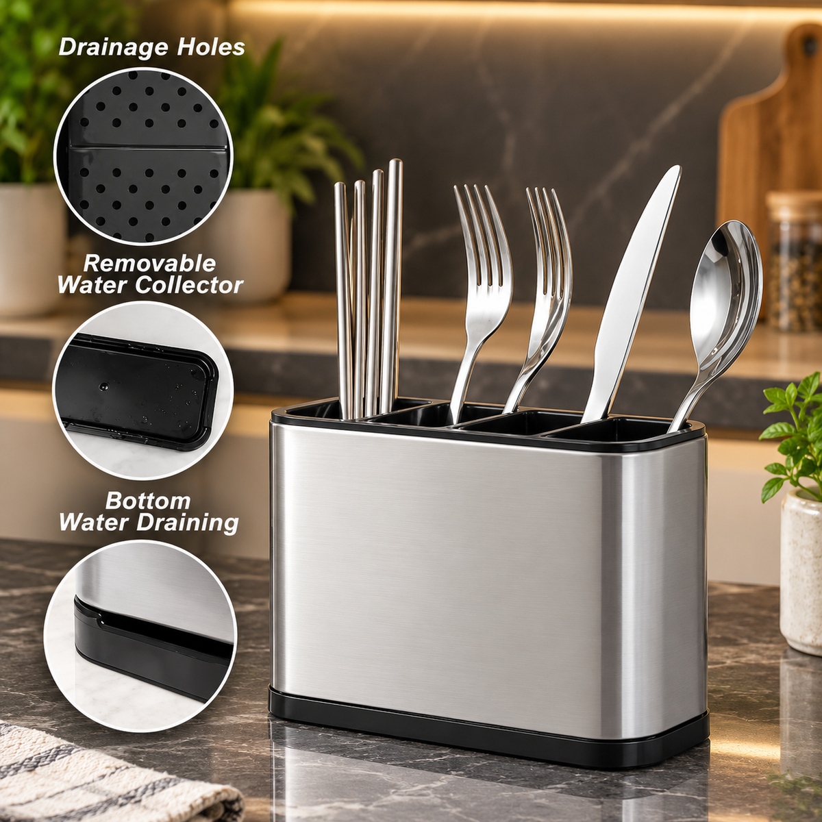 Stainless Steel 4-Compartment Cutlery Organizer