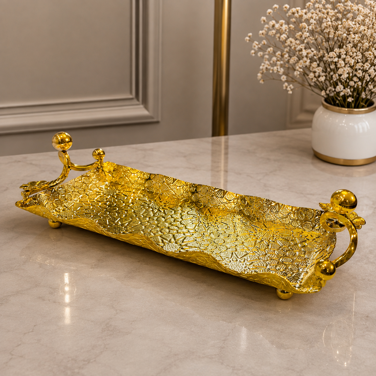 Royal Aurora Gold Serving Platter with Ornate Handles