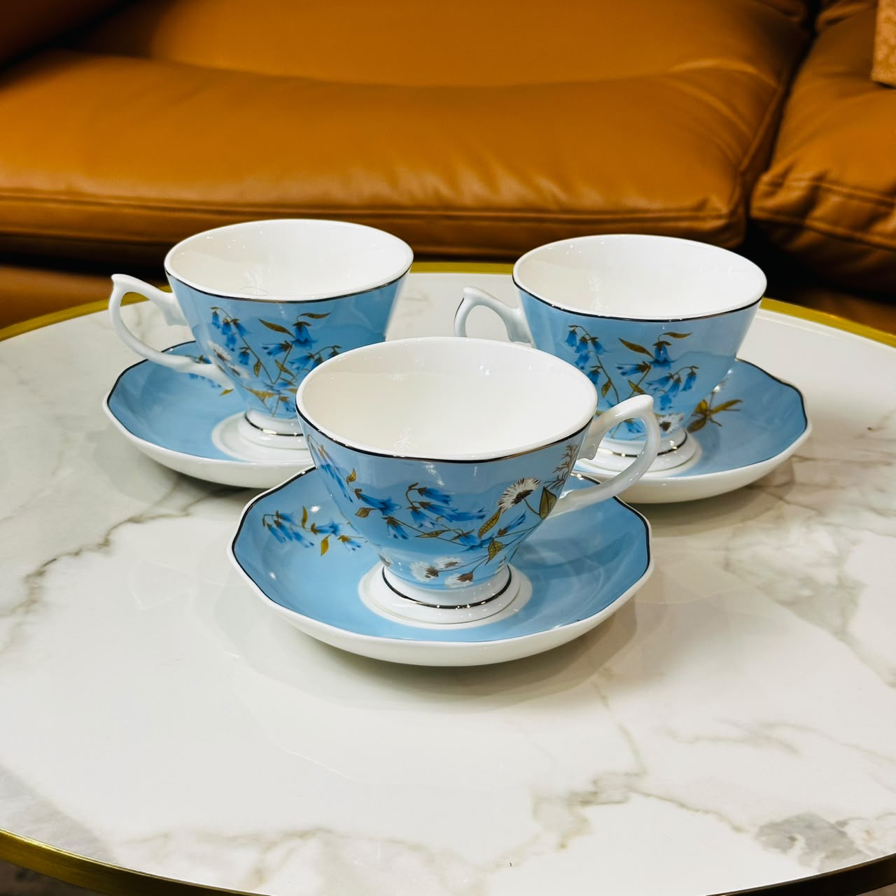 Azure Blossom Tea Cup & Saucer Set (Set of 6)