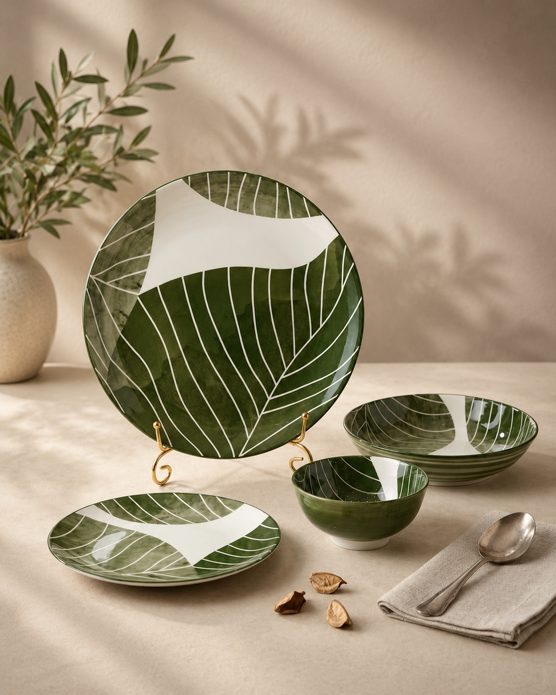 Green Botanical Ceramic Breakfast Set