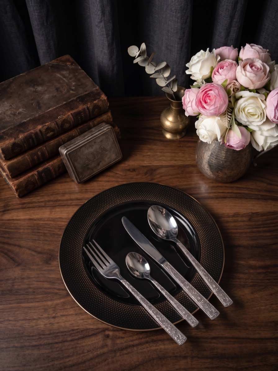 Vintage Engraved Silver Cutlery Set