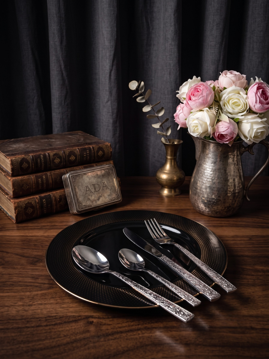 Vintage Engraved Silver Cutlery Set