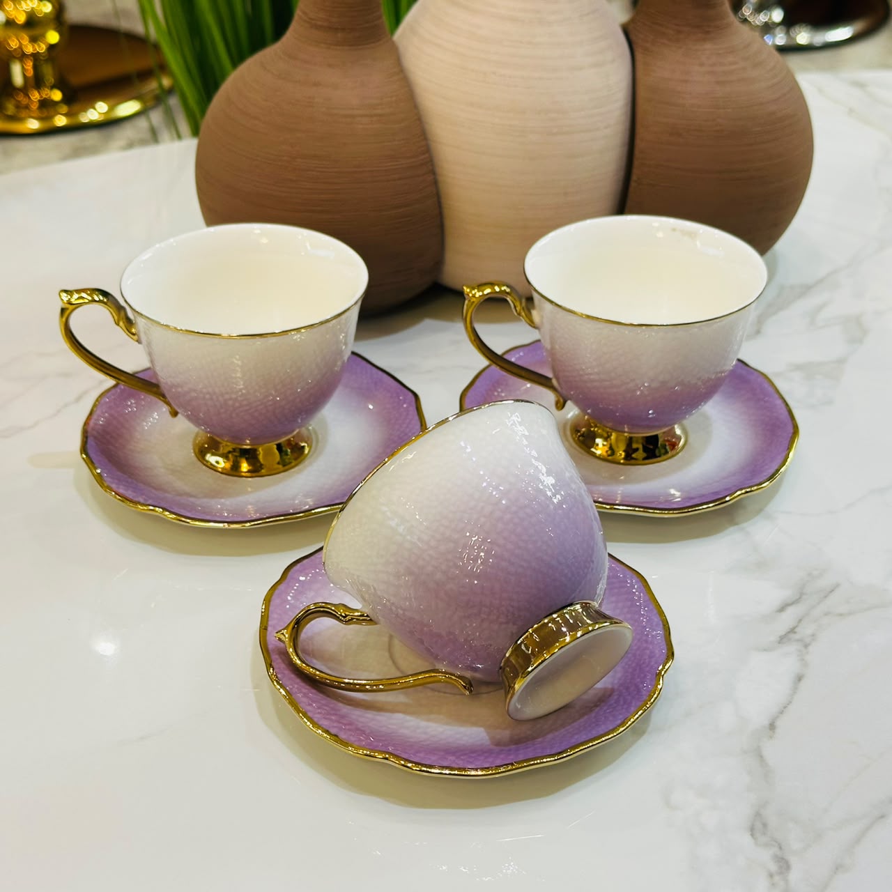 Lavender Luxe Gold Rim Tea Cup & Saucer Set (Set of 6)