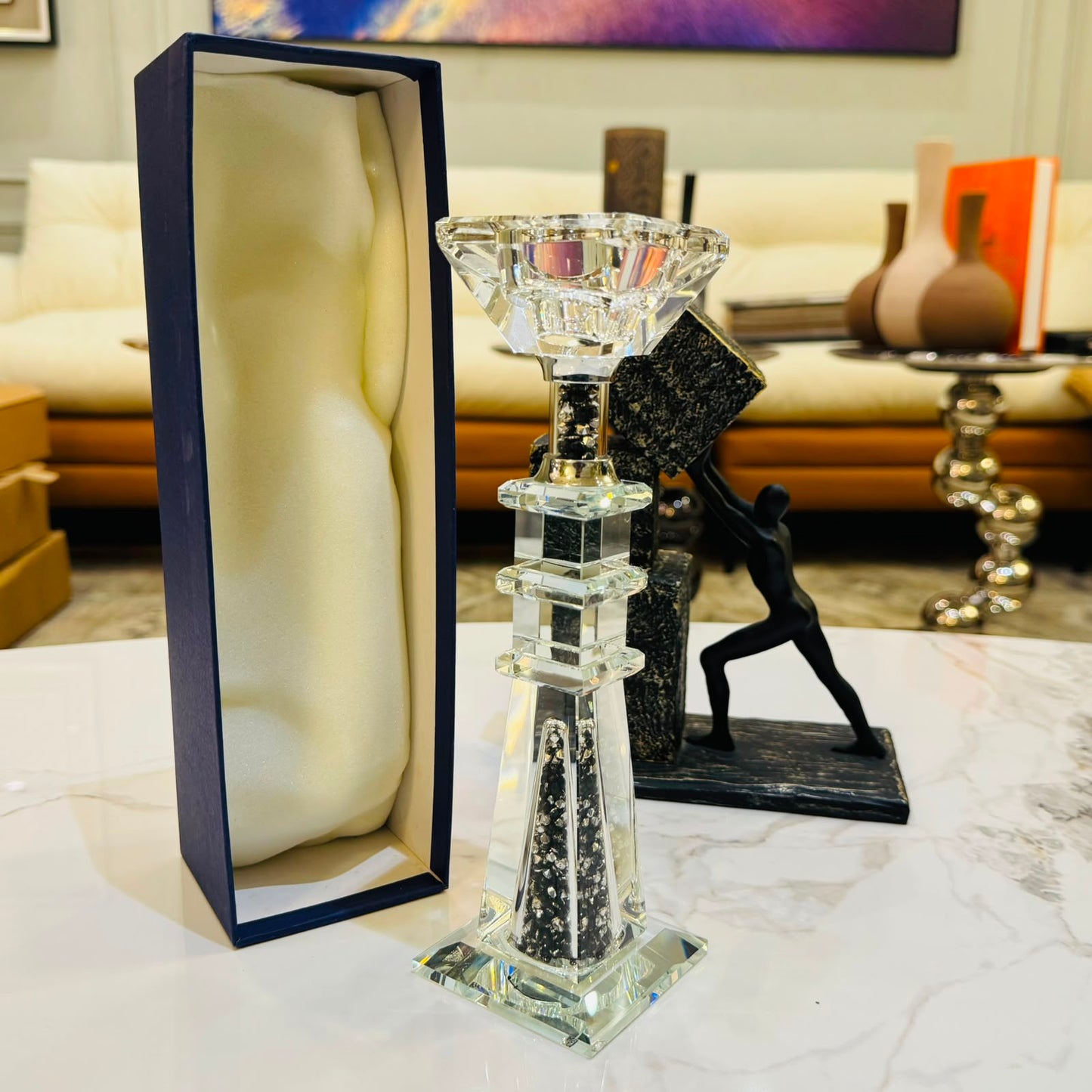 Luxe Crystal Pillar Candle Holder – Black Crystal Accent