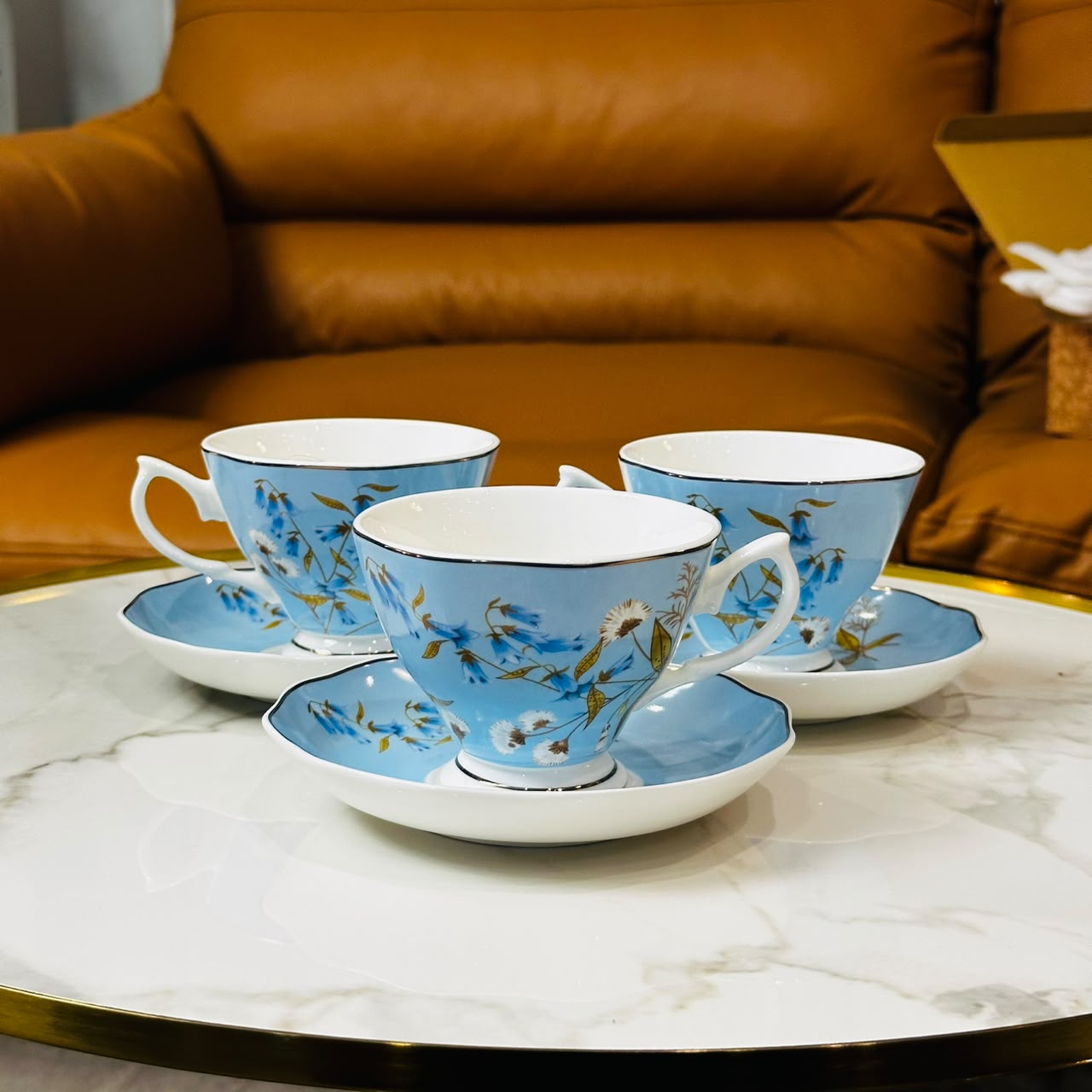 Azure Blossom Tea Cup & Saucer Set (Set of 6)