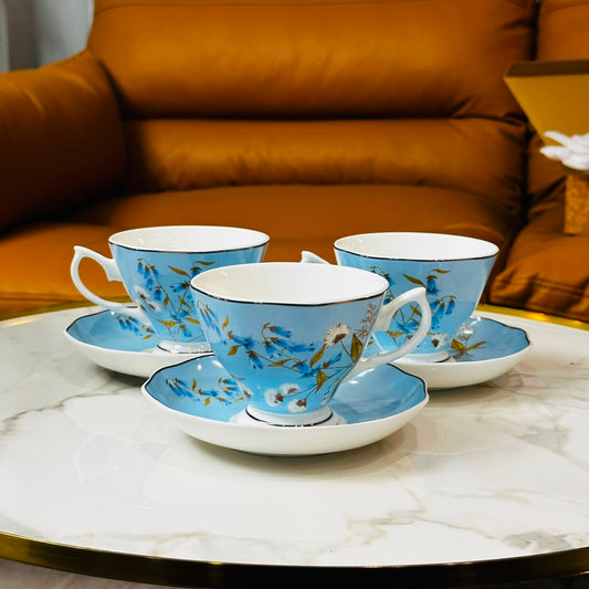 Azure Blossom Tea Cup & Saucer Set (Set of 6)