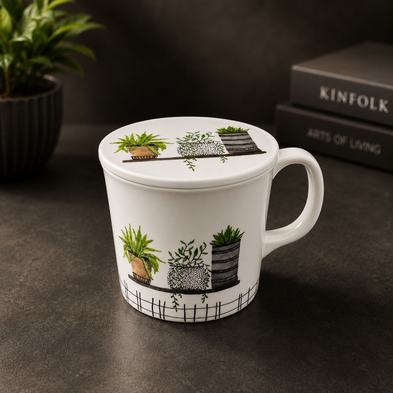 Botanical Brew Ceramic Mug with Lid (1-PC)