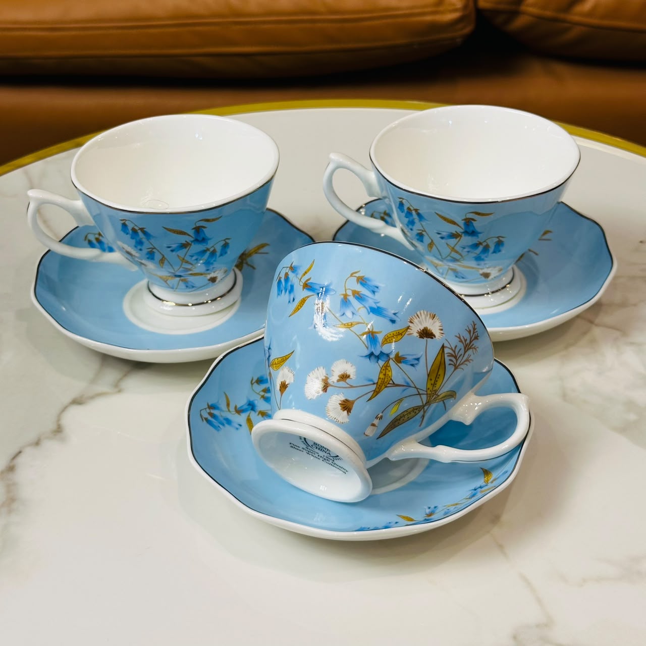 Azure Blossom Tea Cup & Saucer Set (Set of 6)