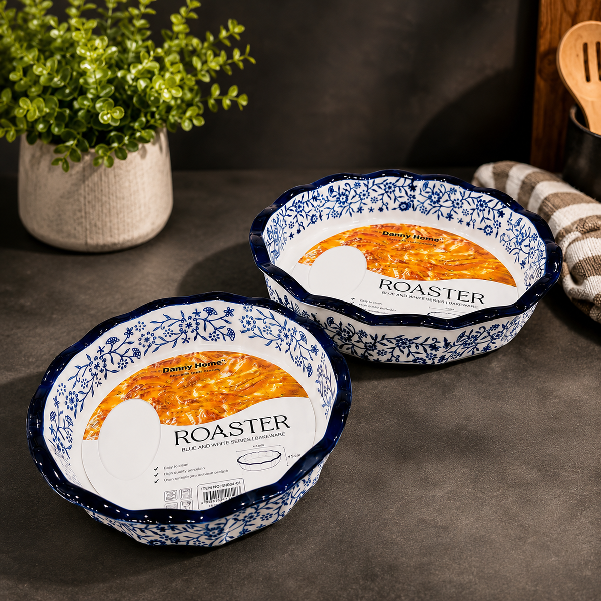 Blue & White Floral Ceramic Roaster Set
