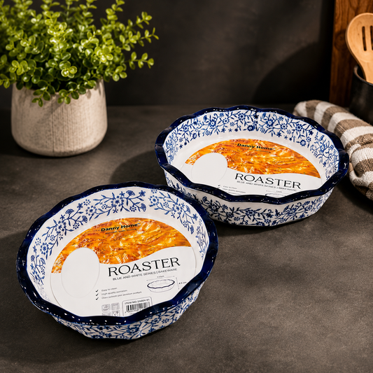 Blue & White Floral Ceramic Roaster Set