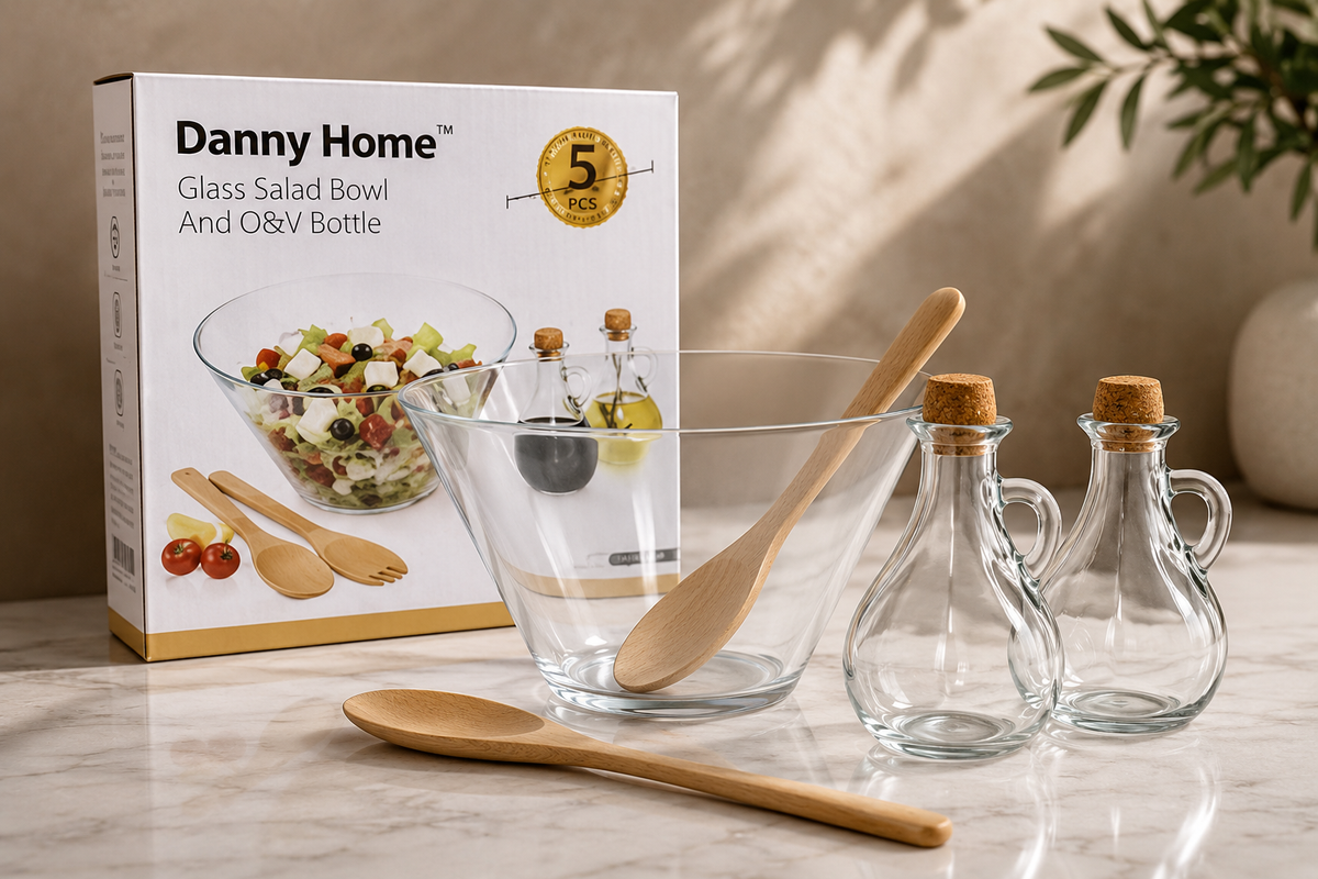 Elegance Glass Salad Bowl & Dressing Set – 5 Pcs
