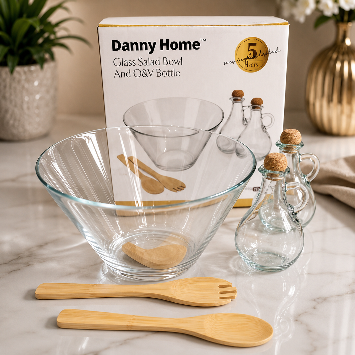 Elegance Glass Salad Bowl & Dressing Set – 5 Pcs