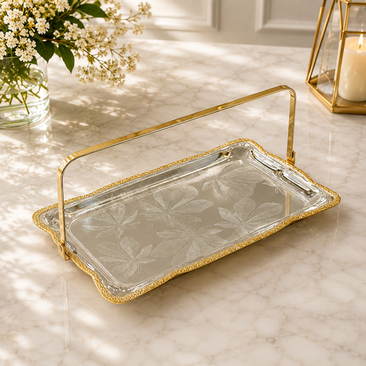 Gilded-Edge With Handle Serving Tray