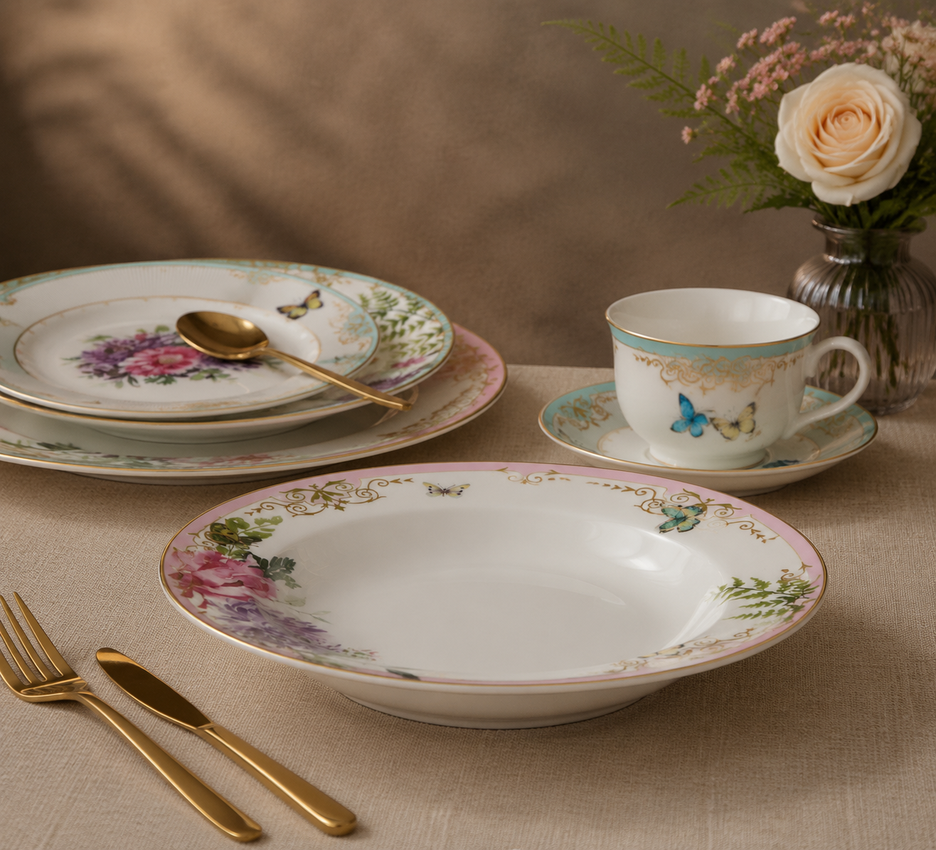 Elegant Floral & Butterfly Breakfast Set