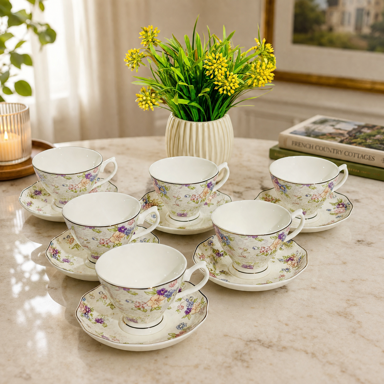 Blossom Whisper Floral Tea Cup & Saucer Set (Set of 6)