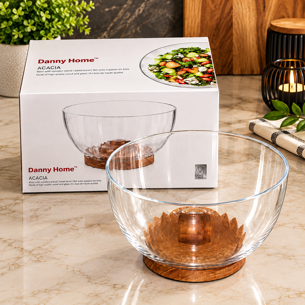 Glass Salad Bowl with Acacia Wood Stand