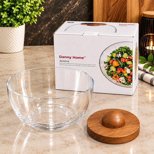 Glass Salad Bowl with Acacia Wood Stand