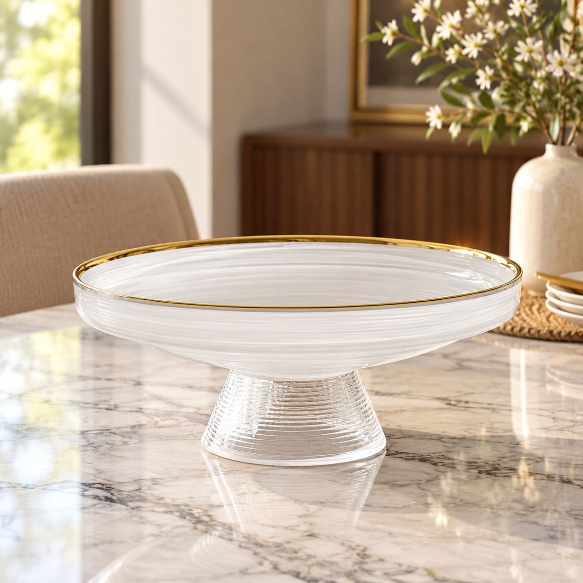 White Galaxy Glass Pedestal Fruit Bowl