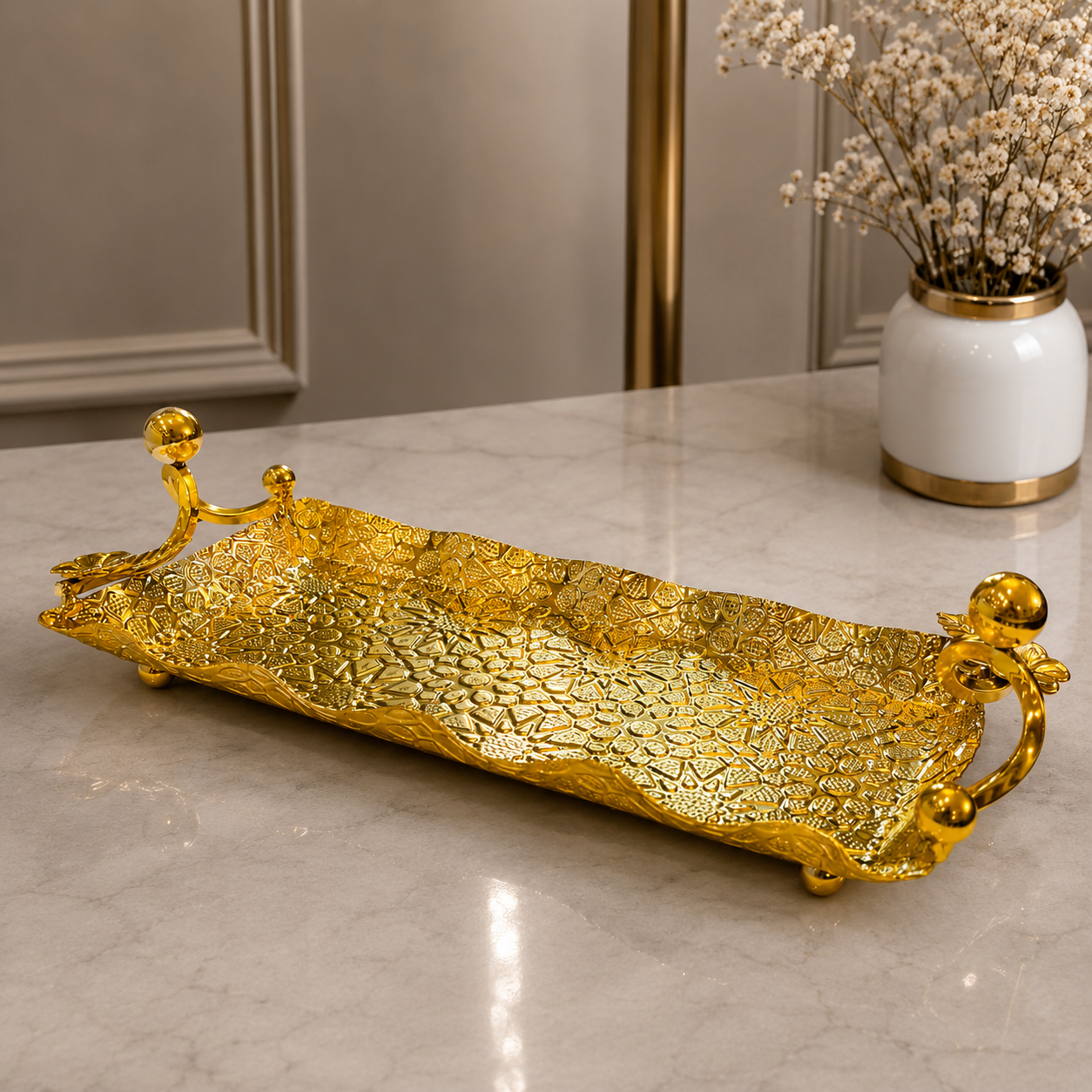 Royal Aurora Gold Serving Platter with Ornate Handles