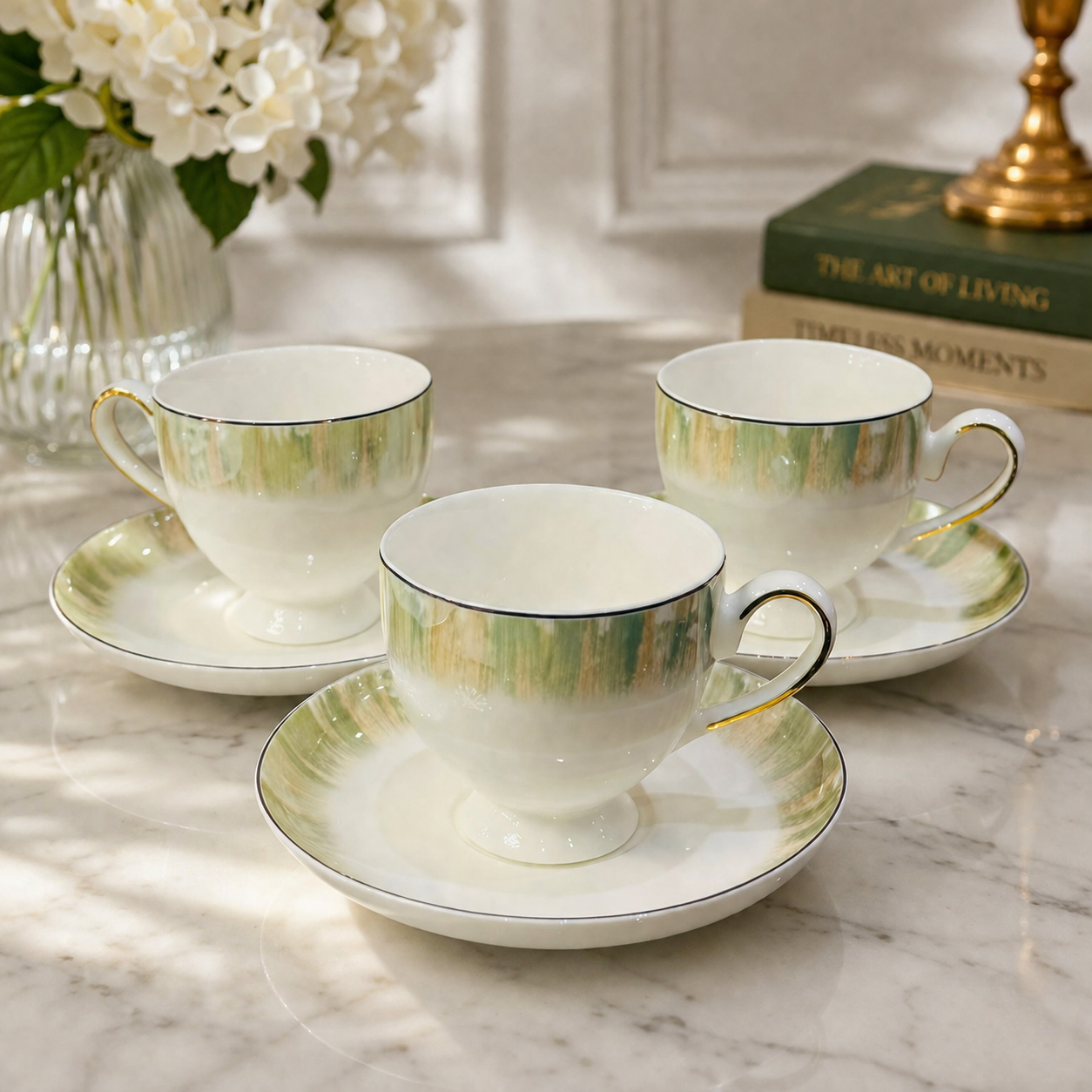 Aurora Pearl Gold Rim Tea Cup & Saucer Set (Set of 6)