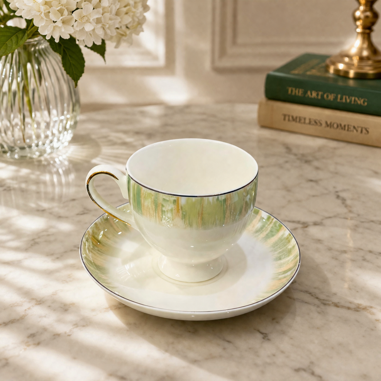 Aurora Pearl Gold Rim Tea Cup & Saucer Set (Set of 6)