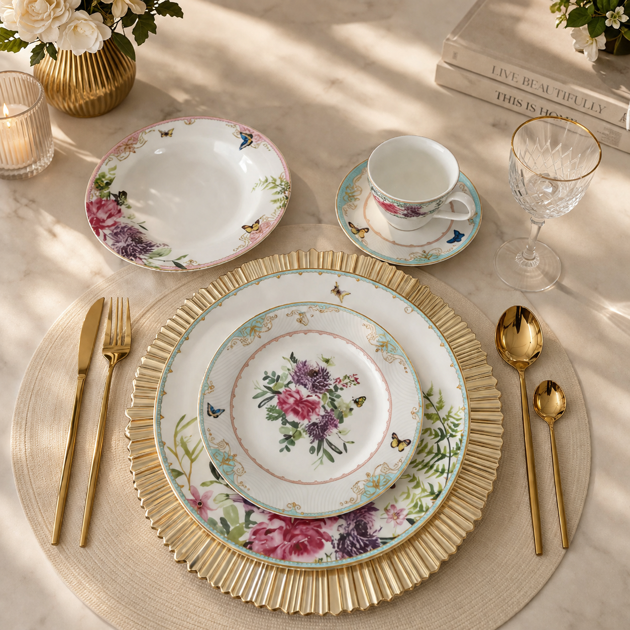 Elegant Floral & Butterfly Breakfast Set
