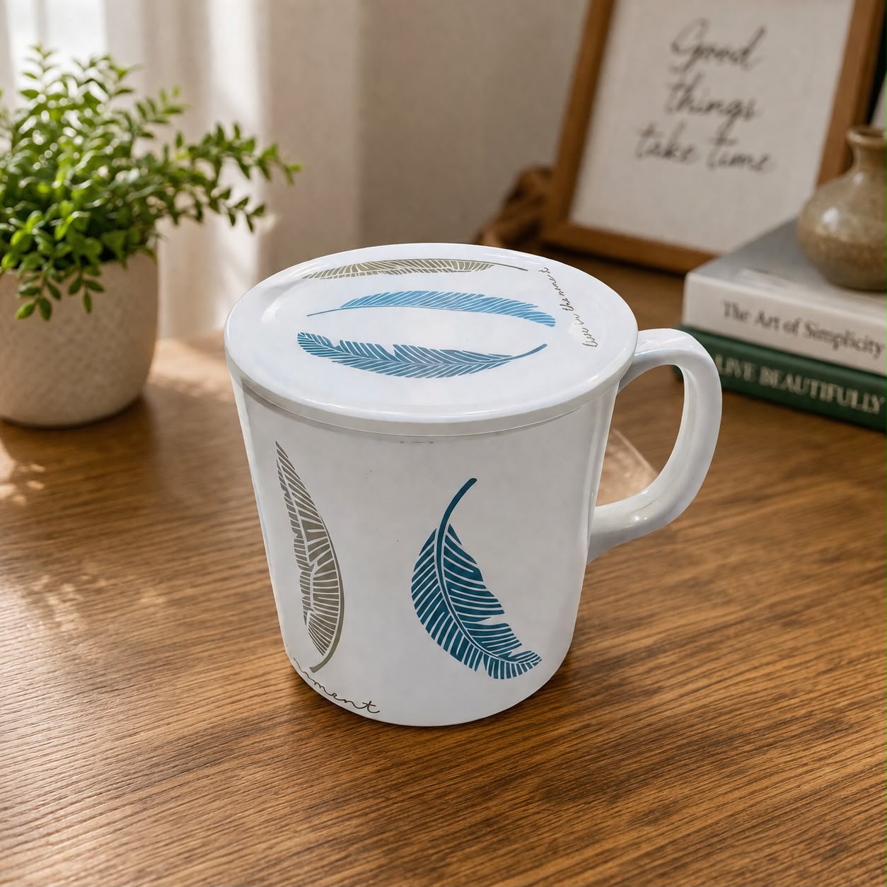 Feather Grace Ceramic Mug with Lid (1-PC)