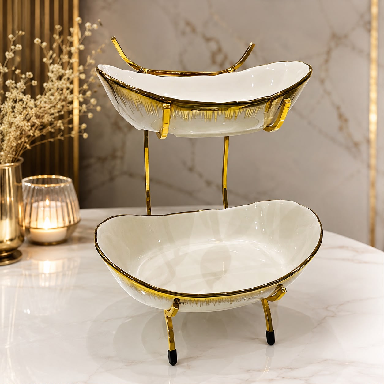 Luxury White & Gold 2-Tier Serving Bowl With Stand