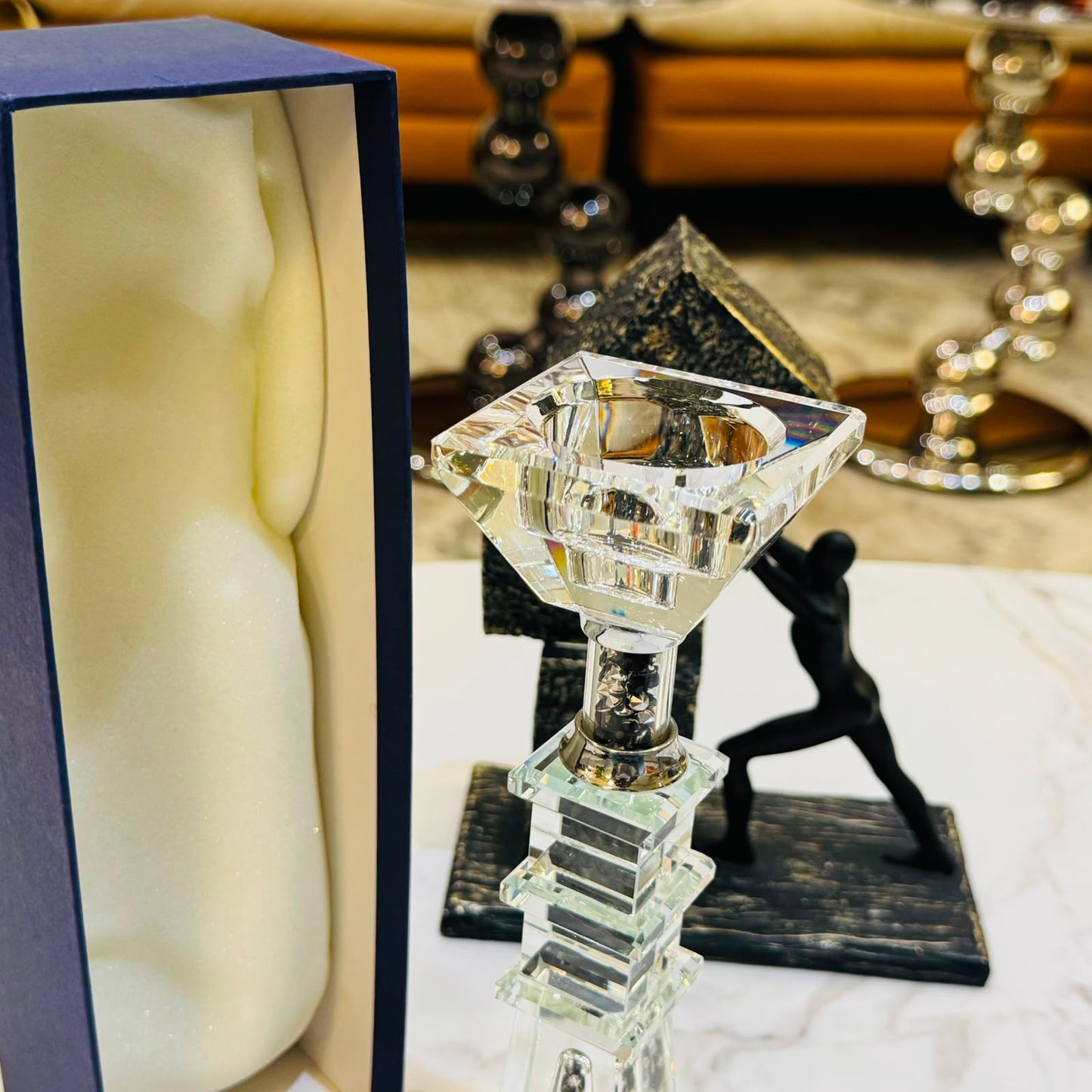 Luxe Crystal Pillar Candle Holder – Black Crystal Accent