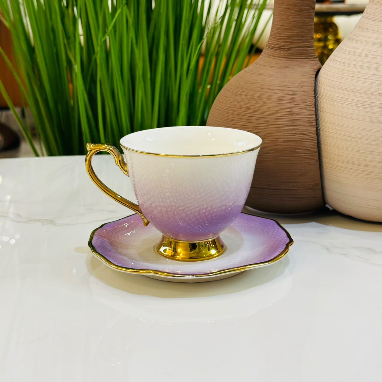 Lavender Luxe Gold Rim Tea Cup & Saucer Set (Set of 6)