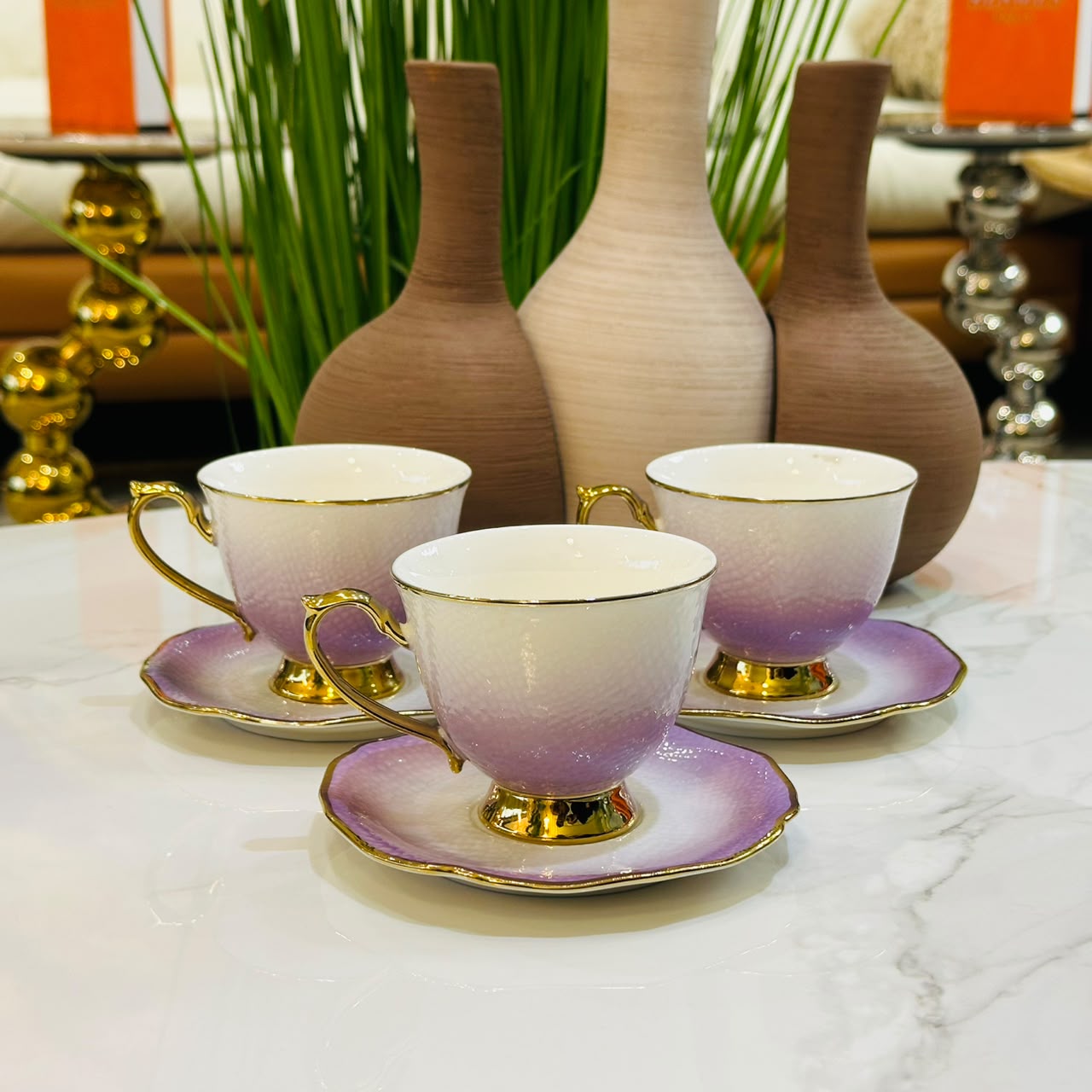 Lavender Luxe Gold Rim Tea Cup & Saucer Set (Set of 6)