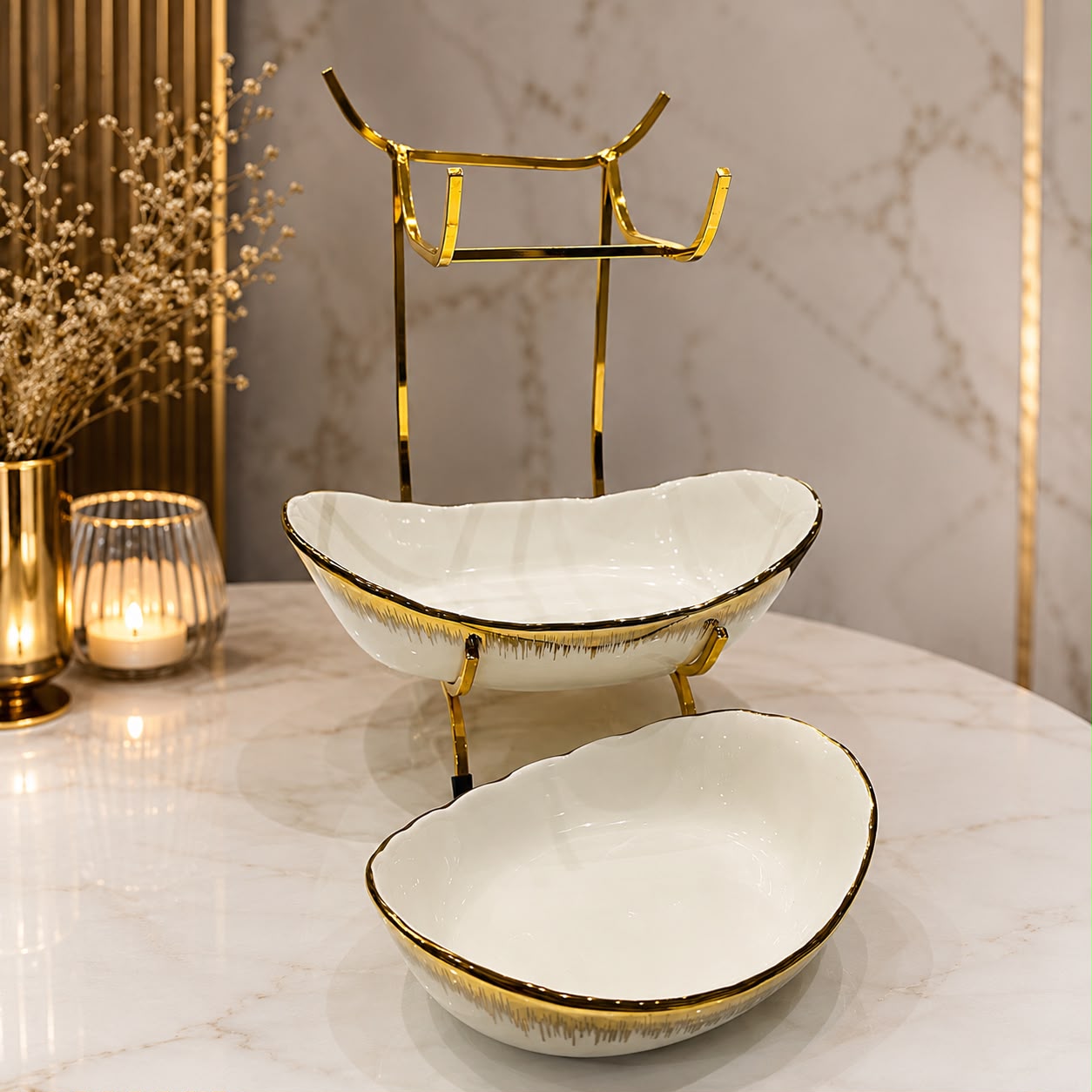 Luxury White & Gold 2-Tier Serving Bowl With Stand