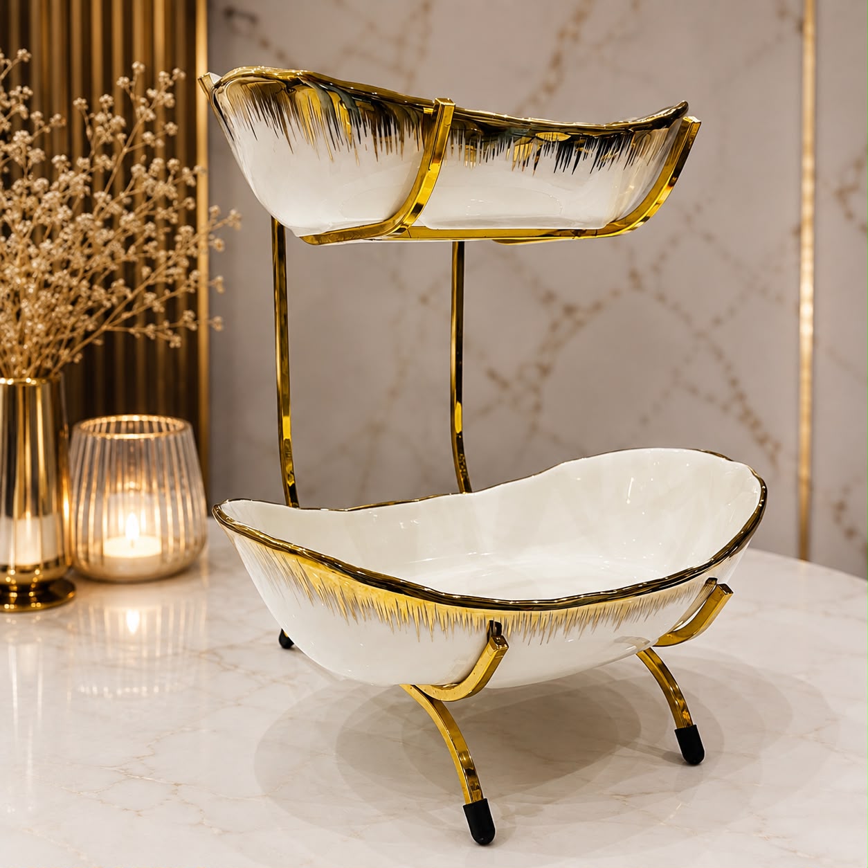 Luxury White & Gold 2-Tier Serving Bowl With Stand
